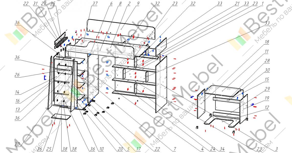 Кровать-чердак с ящиком в ступенях (схема) Fmebel стандарт - FMEBEL